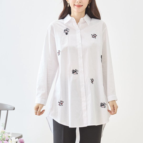 無地 白 刺繍モチーフ ロングシャツ チュニック 長袖 綿100 前後差 ゆったり