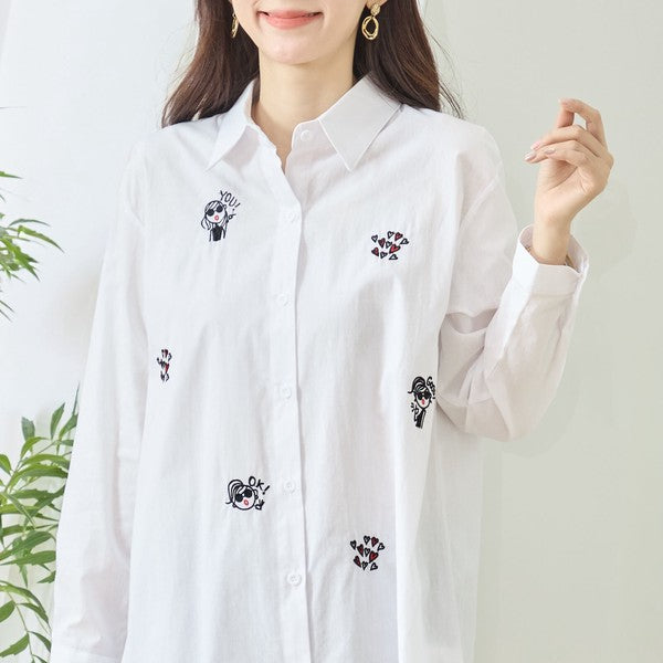 無地 白 刺繍モチーフ ロングシャツ チュニック 長袖 綿100 前後差 ゆったり