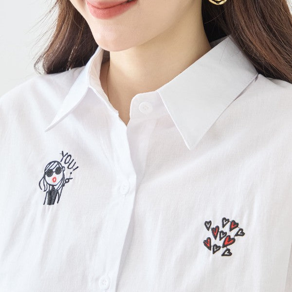 無地 白 刺繍モチーフ ロングシャツ チュニック 長袖 綿100 前後差 ゆったり