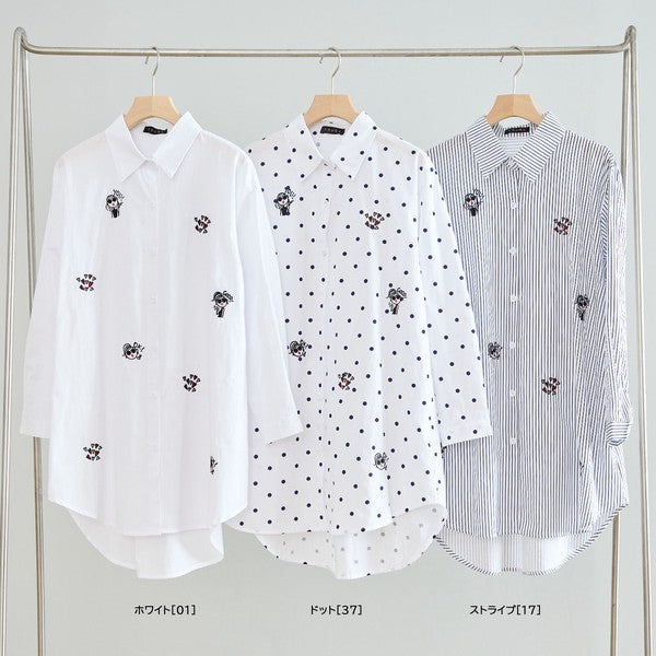 無地 白 刺繍モチーフ ロングシャツ チュニック 長袖 綿100 前後差 ゆったり