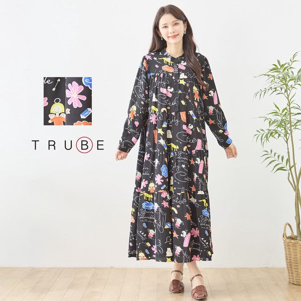 プリント ティアードワンピース 長袖 総柄 ゆったり 大きいサイズ L-LL