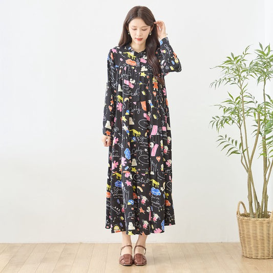 プリント ティアードワンピース 長袖 総柄 ゆったり 大きいサイズ L-LL