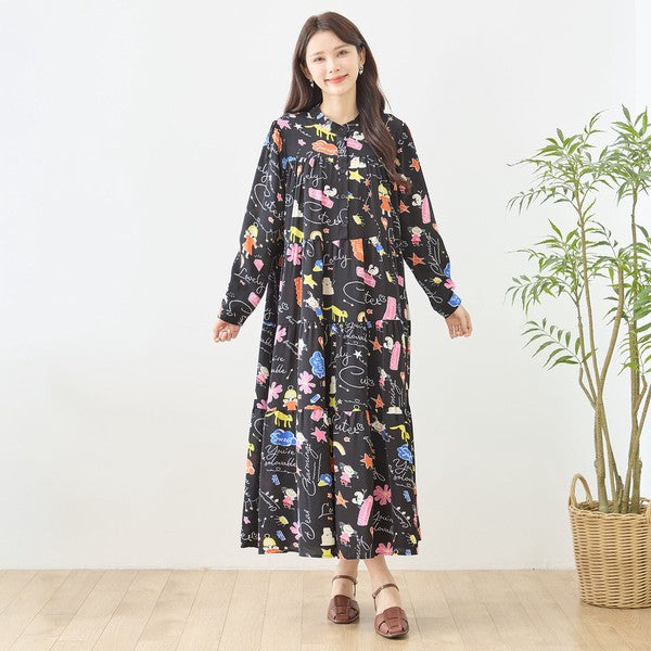 プリント ティアードワンピース 長袖 総柄 ゆったり 大きいサイズ L-LL