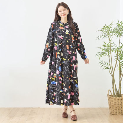 プリント ティアードワンピース 長袖 総柄 ゆったり 大きいサイズ L-LL