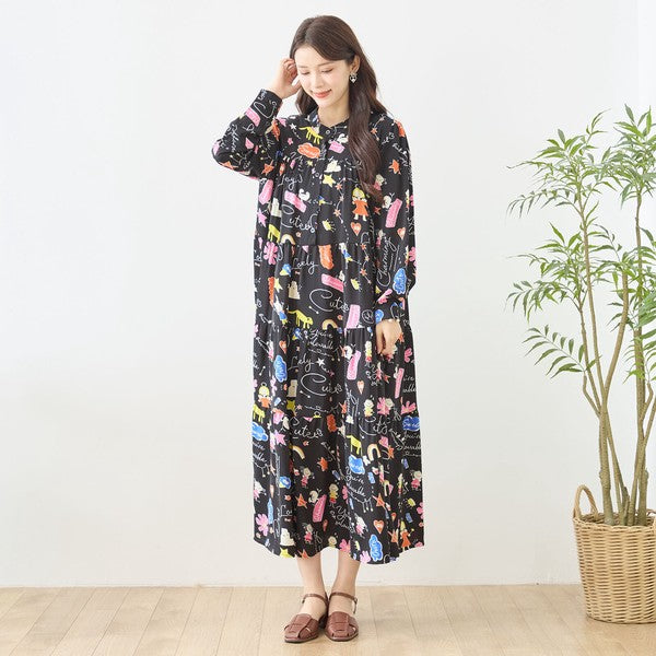 プリント ティアードワンピース 長袖 総柄 ゆったり 大きいサイズ L-LL