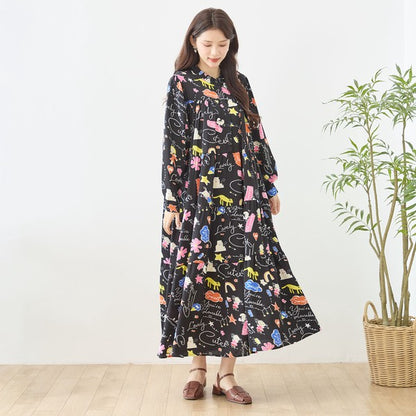 プリント ティアードワンピース 長袖 総柄 ゆったり 大きいサイズ L-LL