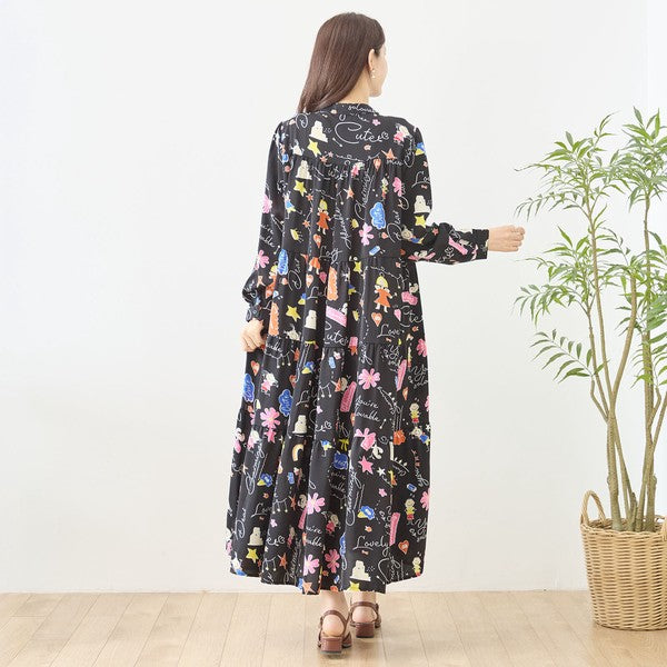 プリント ティアードワンピース 長袖 総柄 ゆったり 大きいサイズ L-LL