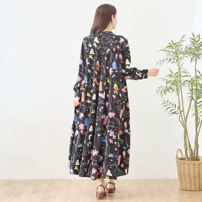 プリント ティアードワンピース 長袖 総柄 ゆったり 大きいサイズ L-LL