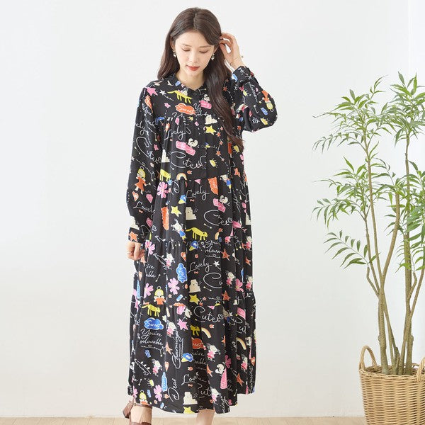 プリント ティアードワンピース 長袖 総柄 ゆったり 大きいサイズ L-LL