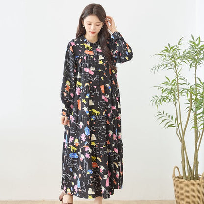 プリント ティアードワンピース 長袖 総柄 ゆったり 大きいサイズ L-LL