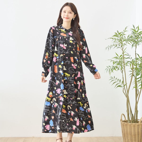 プリント ティアードワンピース 長袖 総柄 ゆったり 大きいサイズ L-LL