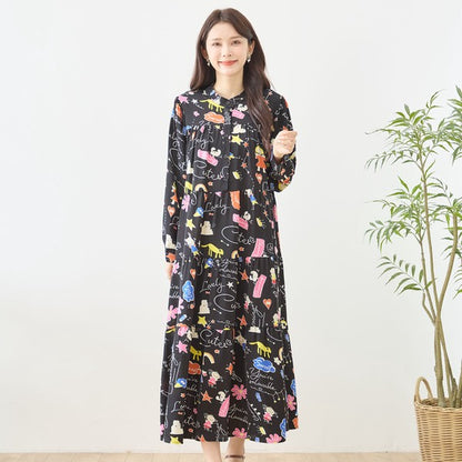 プリント ティアードワンピース 長袖 総柄 ゆったり 大きいサイズ L-LL