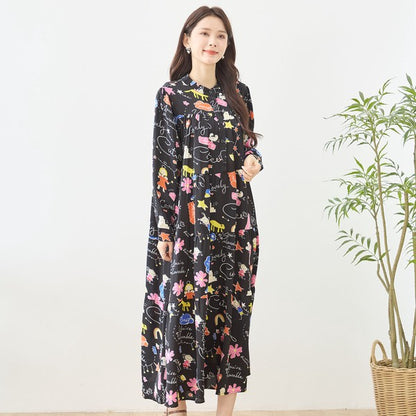 プリント ティアードワンピース 長袖 総柄 ゆったり 大きいサイズ L-LL