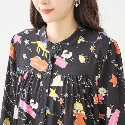 プリント ティアードワンピース 長袖 総柄 ゆったり 大きいサイズ L-LL