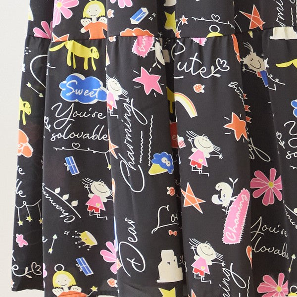 プリント ティアードワンピース 長袖 総柄 ゆったり 大きいサイズ L-LL