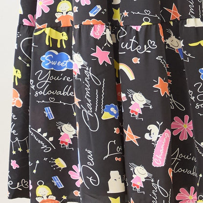 プリント ティアードワンピース 長袖 総柄 ゆったり 大きいサイズ L-LL