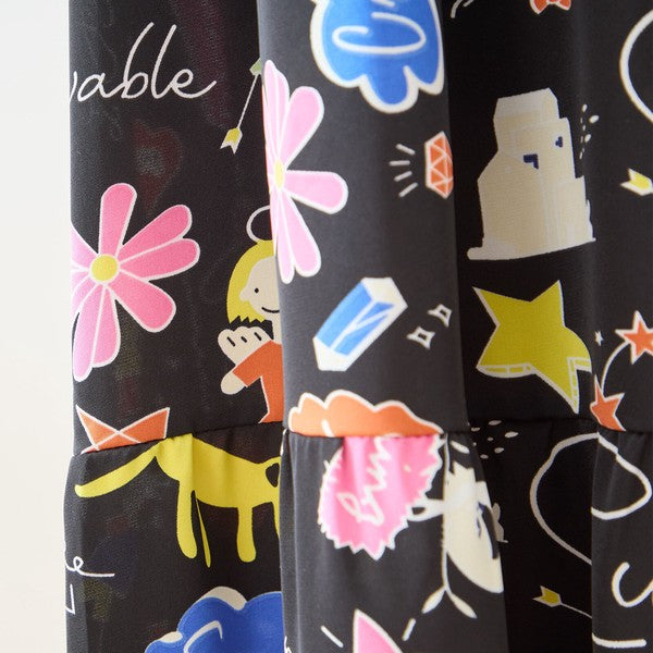 プリント ティアードワンピース 長袖 総柄 ゆったり 大きいサイズ L-LL