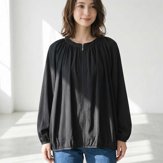 ブラック ポリスパン ギャザー ラウンドネック ジャケット ジップアップ ゆったり