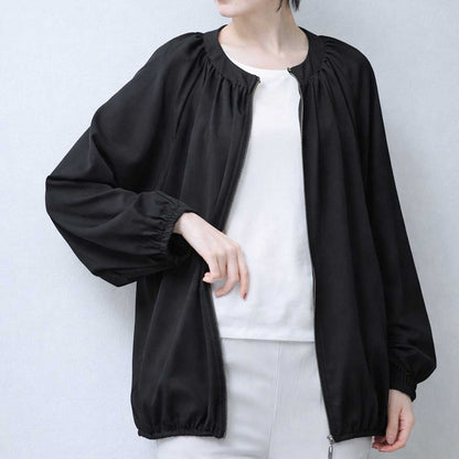 ブラック ポリスパン ギャザー ラウンドネック ジャケット ジップアップ ゆったり