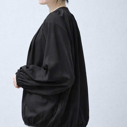 ブラック ポリスパン ギャザー ラウンドネック ジャケット ジップアップ ゆったり