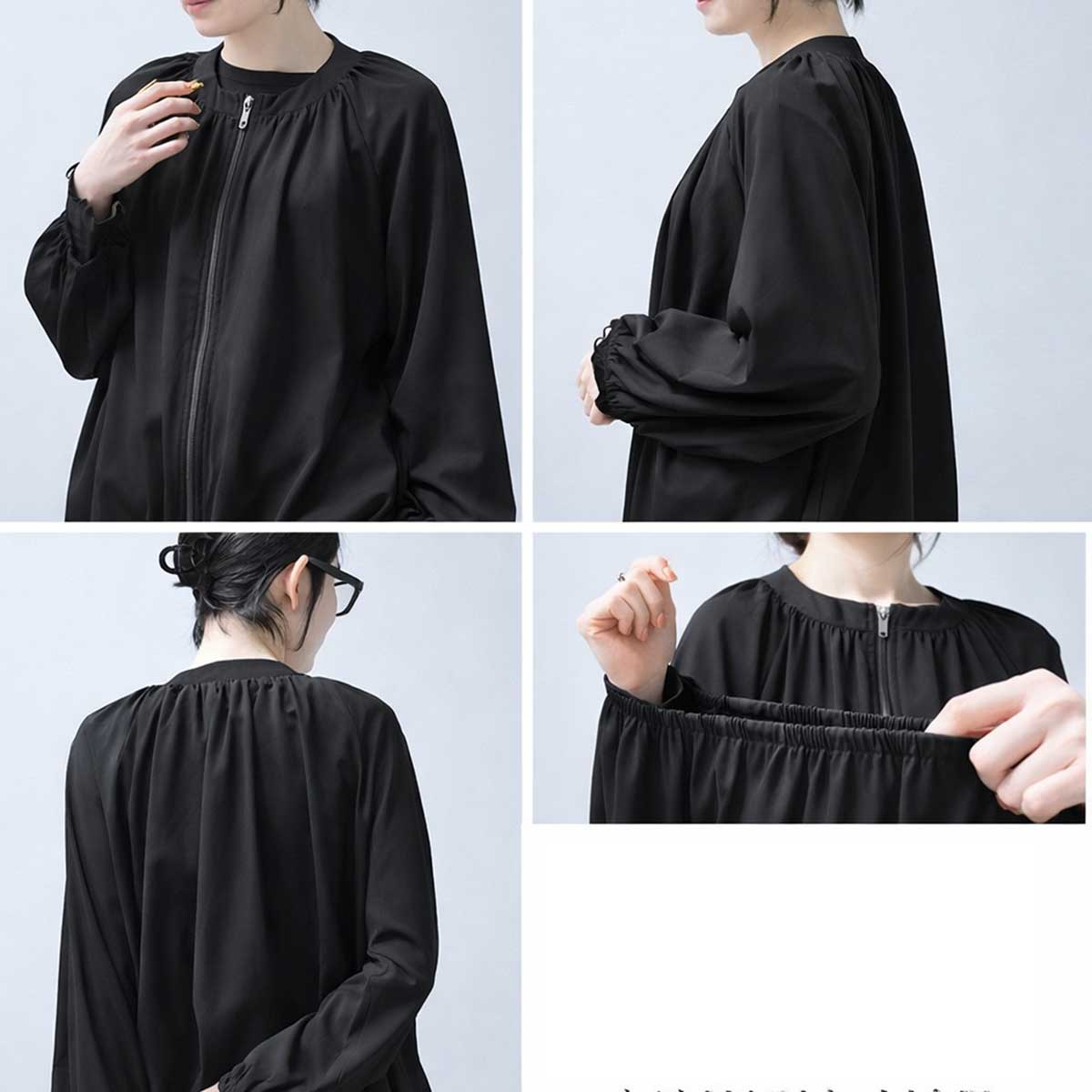 ブラック ポリスパン ギャザー ラウンドネック ジャケット ジップアップ ゆったり