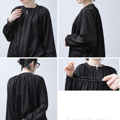 ブラック ポリスパン ギャザー ラウンドネック ジャケット ジップアップ ゆったり