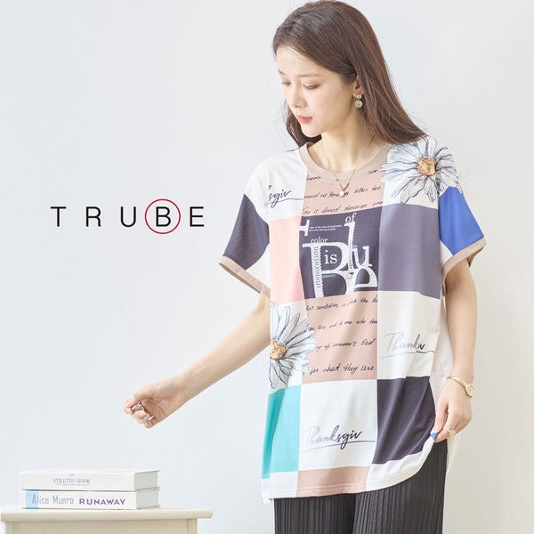パネル柄 花柄 ロゴ プリント Tシャツ チュニック 半袖 ゆったり L-LL 体型カバー