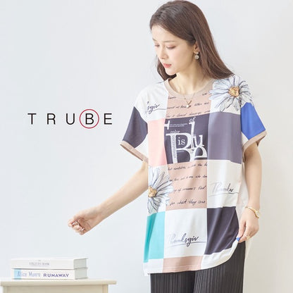 パネル柄 花柄 ロゴ プリント Tシャツ チュニック 半袖 ゆったり L-LL 体型カバー