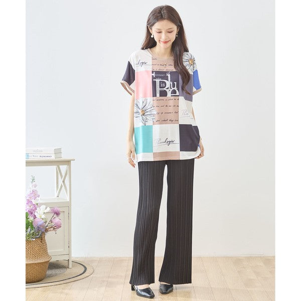パネル柄 花柄 ロゴ プリント Tシャツ チュニック 半袖 ゆったり L-LL 体型カバー