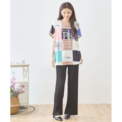 パネル柄 花柄 ロゴ プリント Tシャツ チュニック 半袖 ゆったり L-LL 体型カバー