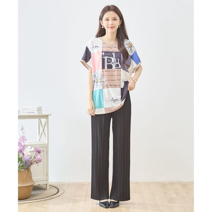パネル柄 花柄 ロゴ プリント Tシャツ チュニック 半袖 ゆったり L-LL 体型カバー