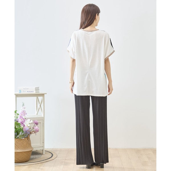 パネル柄 花柄 ロゴ プリント Tシャツ チュニック 半袖 ゆったり L-LL 体型カバー