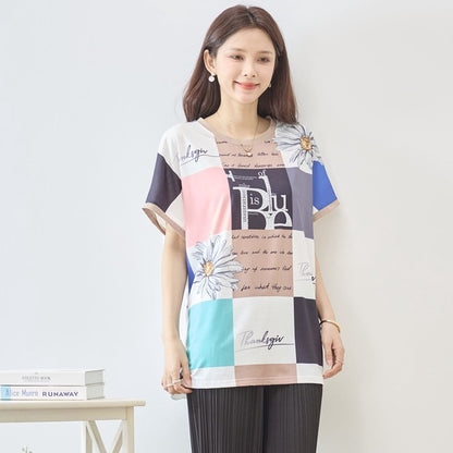 パネル柄 花柄 ロゴ プリント Tシャツ チュニック 半袖 ゆったり L-LL 体型カバー