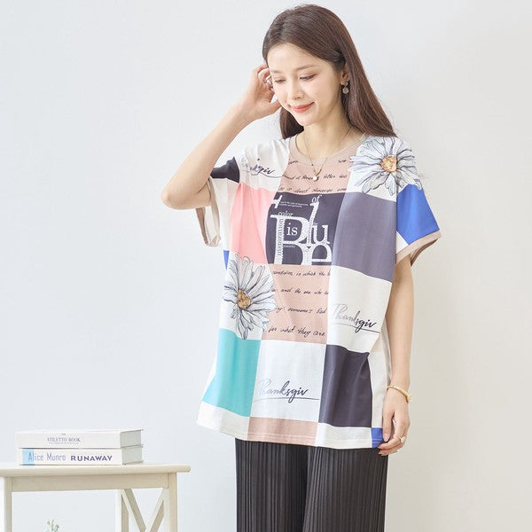 パネル柄 花柄 ロゴ プリント Tシャツ チュニック 半袖 ゆったり L-LL 体型カバー
