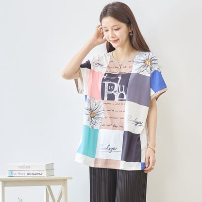 パネル柄 花柄 ロゴ プリント Tシャツ チュニック 半袖 ゆったり L-LL 体型カバー