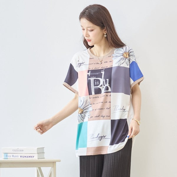 パネル柄 花柄 ロゴ プリント Tシャツ チュニック 半袖 ゆったり L-LL 体型カバー