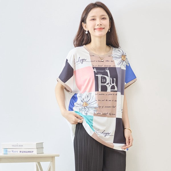 パネル柄 花柄 ロゴ プリント Tシャツ チュニック 半袖 ゆったり L-LL 体型カバー