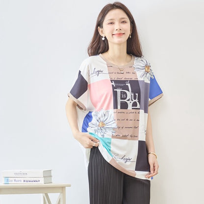パネル柄 花柄 ロゴ プリント Tシャツ チュニック 半袖 ゆったり L-LL 体型カバー