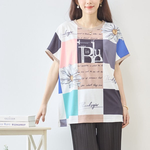 パネル柄 花柄 ロゴ プリント Tシャツ チュニック 半袖 ゆったり L-LL 体型カバー
