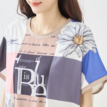 パネル柄 花柄 ロゴ プリント Tシャツ チュニック 半袖 ゆったり L-LL 体型カバー