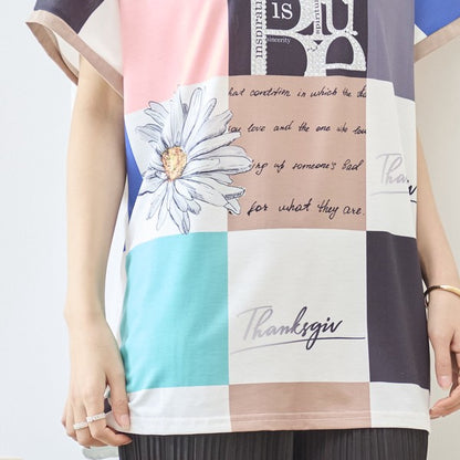 パネル柄 花柄 ロゴ プリント Tシャツ チュニック 半袖 ゆったり L-LL 体型カバー