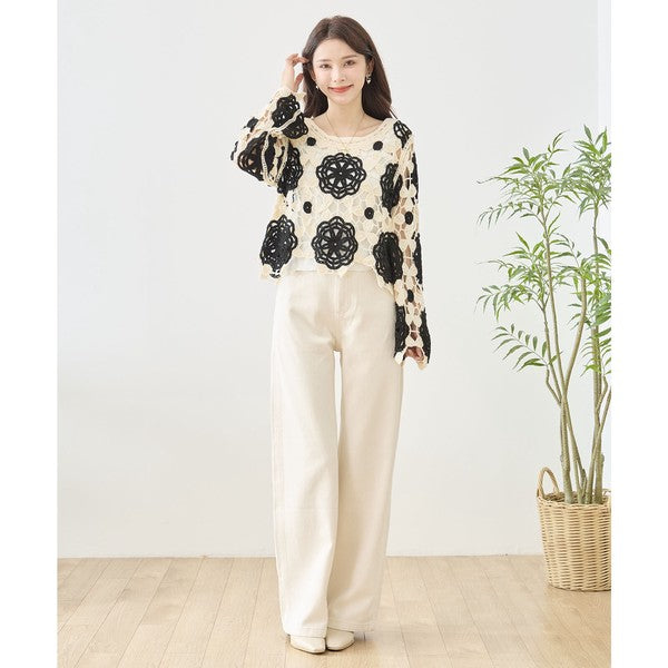 バイカラー フラワー クロシェ レーストップス 透かし編み 長袖 ショート丈 レイヤード