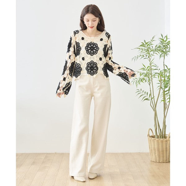 バイカラー フラワー クロシェ レーストップス 透かし編み 長袖 ショート丈 レイヤード