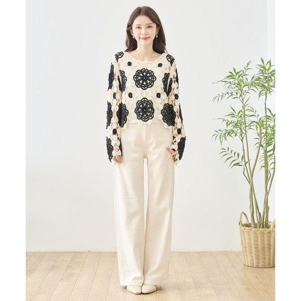 バイカラー フラワー クロシェ レーストップス 透かし編み 長袖 ショート丈 レイヤード