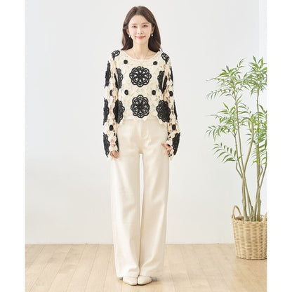 バイカラー フラワー クロシェ レーストップス 透かし編み 長袖 ショート丈 レイヤード