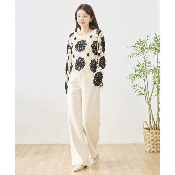 バイカラー フラワー クロシェ レーストップス 透かし編み 長袖 ショート丈 レイヤード