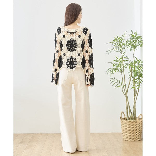 バイカラー フラワー クロシェ レーストップス 透かし編み 長袖 ショート丈 レイヤード