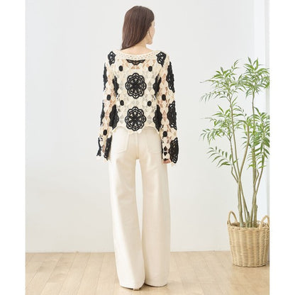 バイカラー フラワー クロシェ レーストップス 透かし編み 長袖 ショート丈 レイヤード