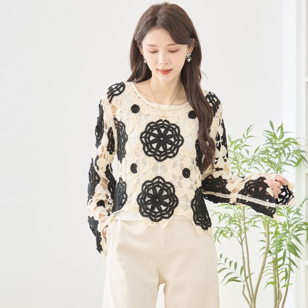 バイカラー フラワー クロシェ レーストップス 透かし編み 長袖 ショート丈 レイヤード