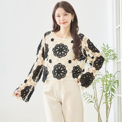 バイカラー フラワー クロシェ レーストップス 透かし編み 長袖 ショート丈 レイヤード